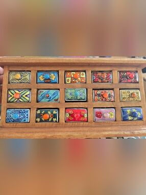 Natural Wooden Spice/Masala Box made in India, 15 Assorted Ceramic Drawers